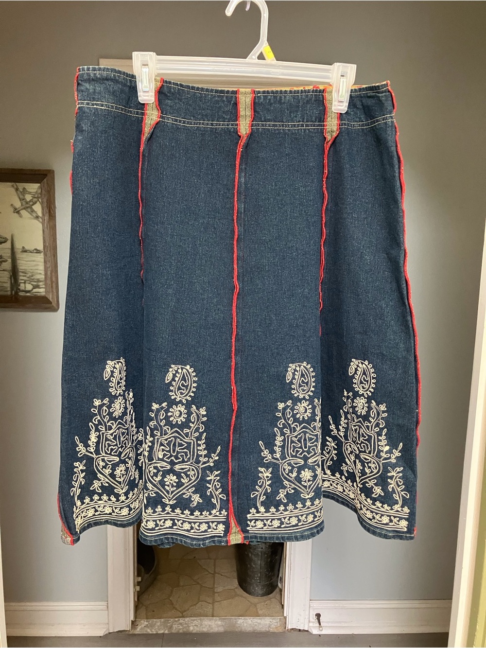 Boho Embroidered Denim A-Line Skirt - Blue
